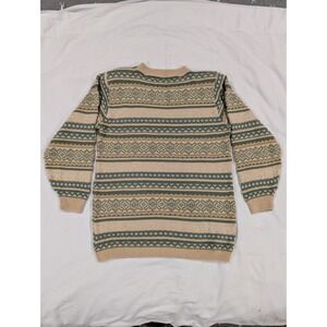 VTG Alfred Dunner Sweater Womens Fair Isle Geometric Knit Tan Green Made USA M